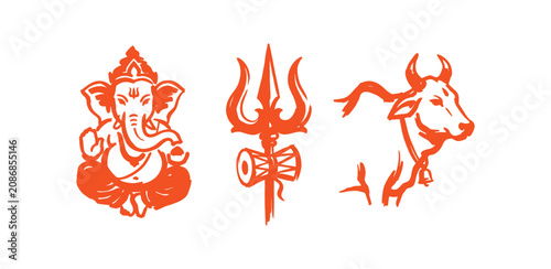 Fotografie Hindu spiritual symbols featuring Lord Ganesha and Trishula with a sacred cow il