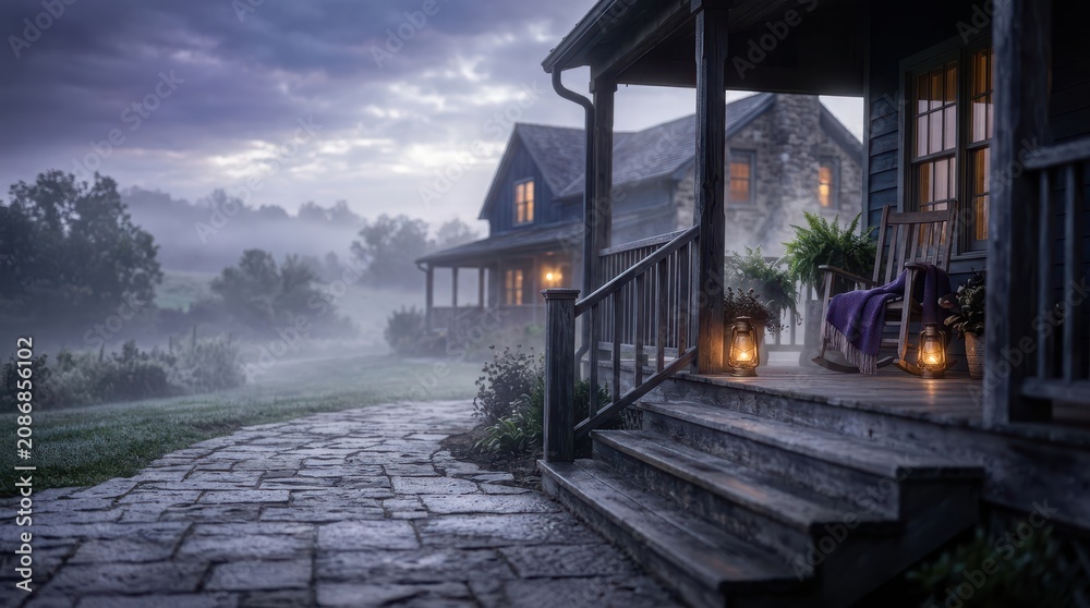 Fototapeta premium Front porch of country cabin at twilight with rocking chairs and glowing lanterns during misty evening landscape scenery.