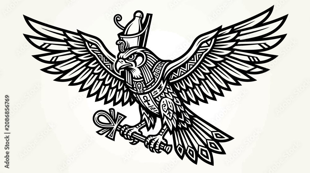 Obraz premium Ancient Egyptian Horus Falcon God With Ankh Symbol, Vector Illustration