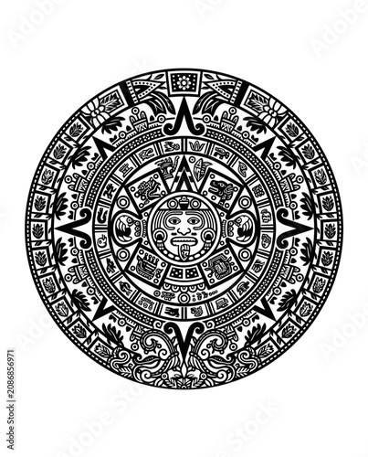 Aztec Sun Stone Calendar Symbol, Ancient Mexican Art, Black and White.