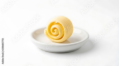 Rolled butter, yellow, on white plate, dairy product, breakfast ingredient