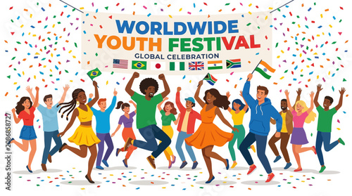 Worldwide Youth Festival: Global Celebration with Diverse People and Flags