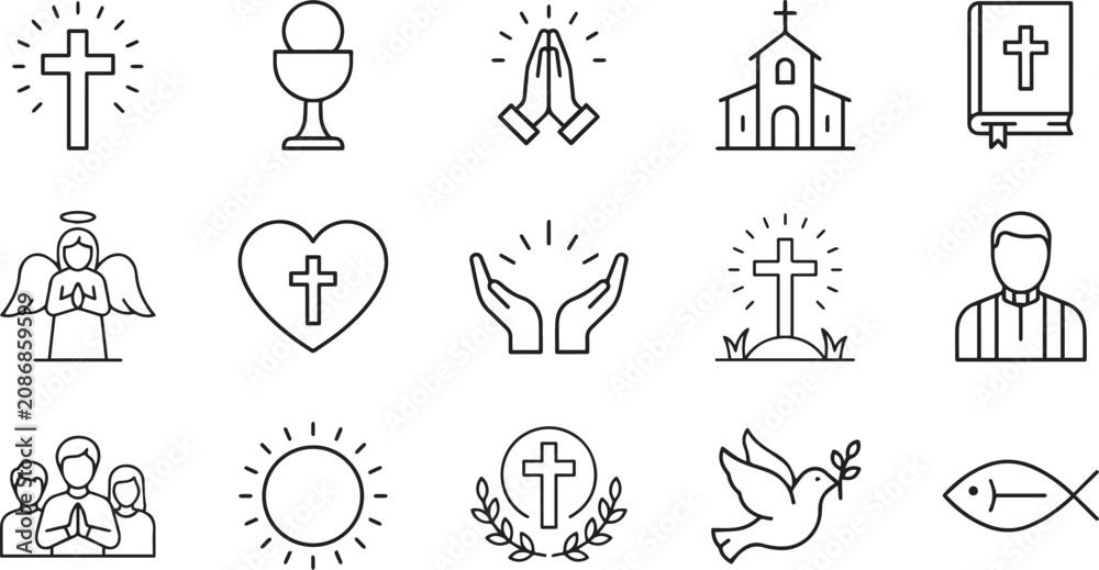 Obraz premium Christianity symbols and icons in line art style on white background