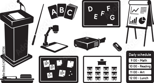 Black and white classroom equipment including a podium, chalkboard with letters, projector, flip chart with graphs, bulletin board with notes, and a daily schedule table