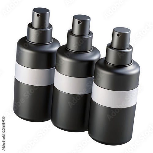 Set of three black spray bottles for cosmetics as clean cutout