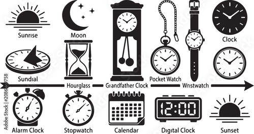 Schilderij op canvas Collection of black and white timekeeping featuring a sunrise, moon, sundial, ho