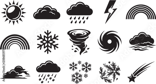 Canvas Print Collection of black and white weather featuring sun, clouds, rain, lightning, ra