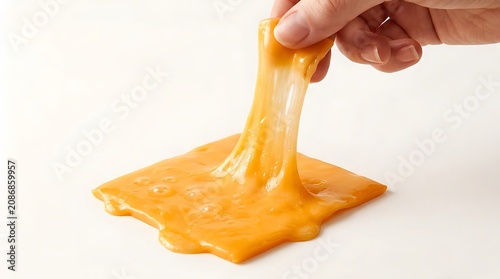 Stretchy orange slime, gooey texture, hand manipulation, colorful fun
