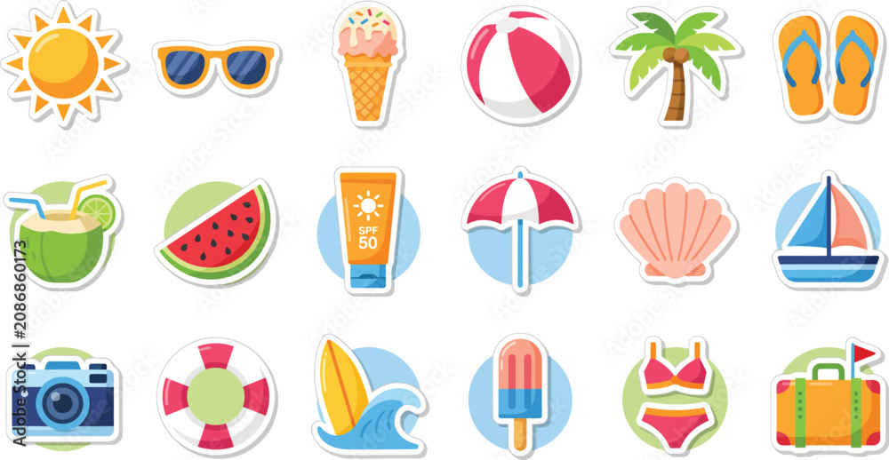 Obraz premium Collection of flat summer vacation including sun sunglasses ice cream and beach ball