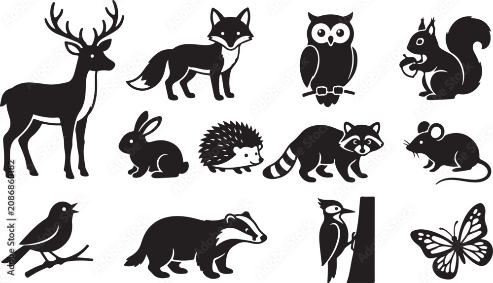 Fototapeta premium Set of black silhouette featuring woodland animals including a deer, fox, owl, squirrel, rabbit, hedgehog, raccoon, mouse, bird, badger, woodpecker, and a butterfly on a white background
