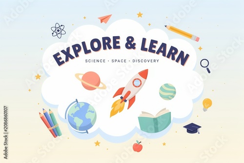 Explore and learn concept illustration with rocket planets books and science elements on a light background.