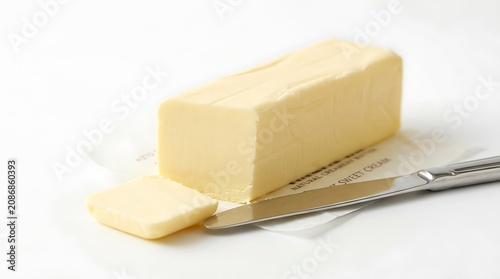 Butter block, sliced, on paper wrapper, knife, dairy product