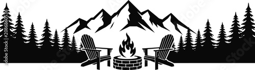 Quadro su tela Two adirondack chairs by a campfire in front of pine trees and mountains