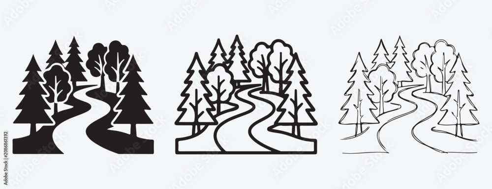 Fototapeta premium roads and trees in different styles for graphic design simple line drawings of forest landscapes with winding paths for creative projects