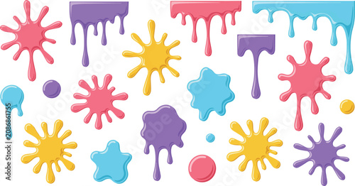 colorful paint splatters and drips on white background