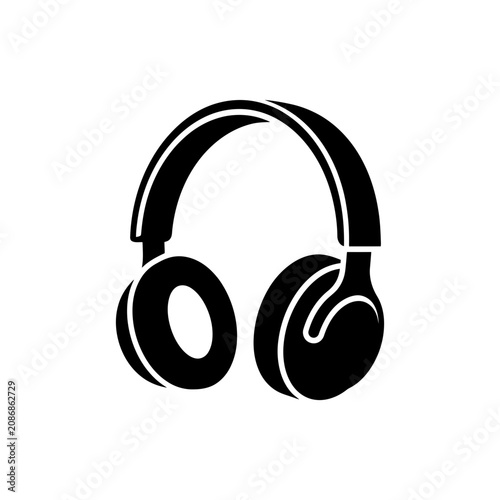Black Headphones Icon, Silhouette of Modern Audio Equipment on White Background