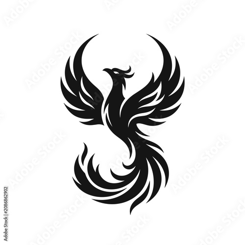 Black Phoenix Silhouette Logo, Mythical Bird Rising Symbol, Vector Art