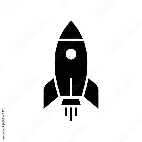 Black rocket ship silhouette with exhaust trail, isolated on white background
