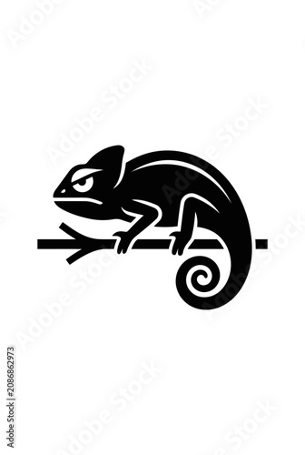 Black Silhouette Chameleon on Branch, Minimalist Icon Design