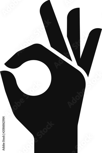 Black Silhouette Hand Gesture OK Sign, Perfect Approval Symbol, Isolated on White Background