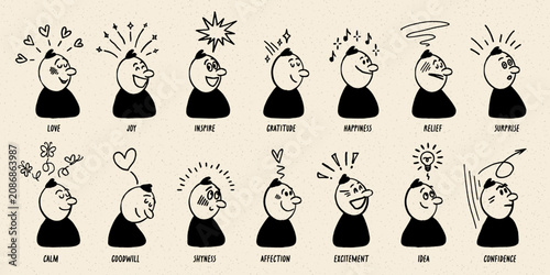 Foto Comic character doodle line set with expressive faces and simple symbols showing emotions in a hand drawn style
