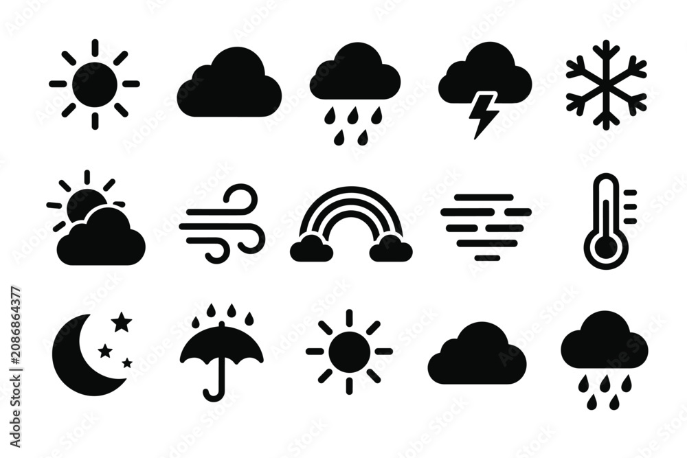Naklejka premium Weather forecast vector icons set featuring sun, clouds, rain, lightning, snowflake, wind, rainbow, thermometer, moon, and umbrella symbols