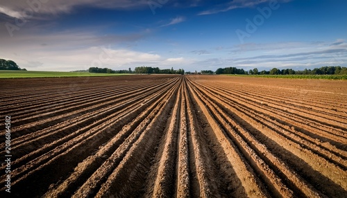 close up photography showcasing a meticulously prepared potato field where aligned seedbeds stretch into the distance highlighting the beauty of potato cultivation and farming practices