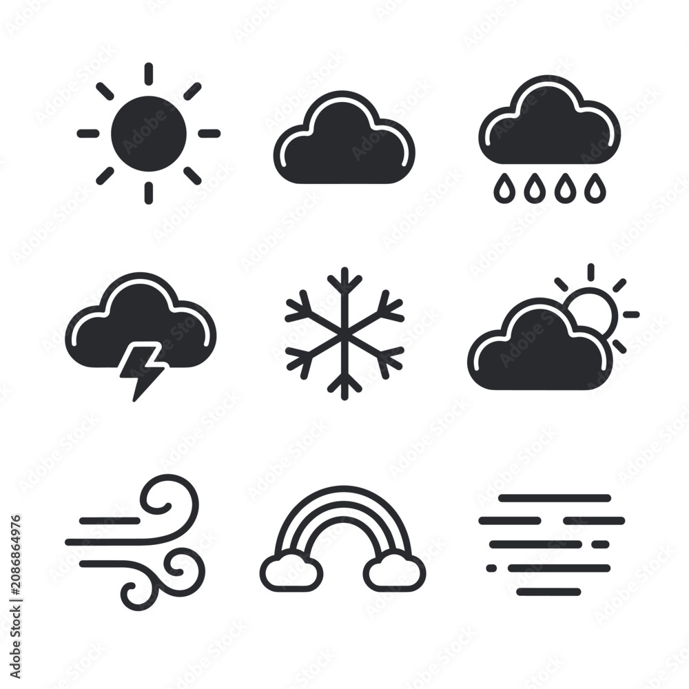 Naklejka premium Weather forecast vector icons set featuring sun, cloud, rain, lightning storm, snowflake, wind, rainbow, and fog symbols in glyph style