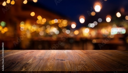 blurred background of an empty table in a bar at night with bokeh lights simple blurred dark brown wooden floor close up