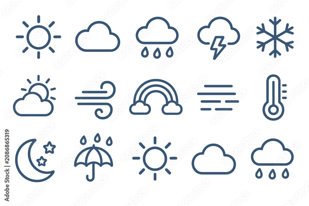 Naklejka premium Weather forecast vector icons set featuring sun, clouds, rain, lightning, snowflake, wind, rainbow, fog, thermometer, moon, and umbrella
