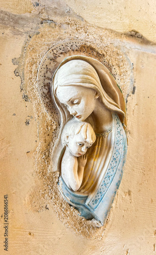 Religious Stone Carving of the Virgin Mary and Baby Jesus, Malta
