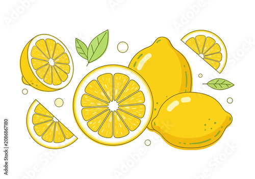 Fotografie Fresh Lemons and Lemon Slices Illustration.