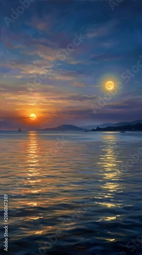 Surreal sunset and moonrise over calm ocean landscape