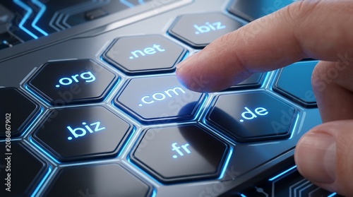 Finger touching dot com domain button on futuristic digital interface 3D render for internet web registration business.