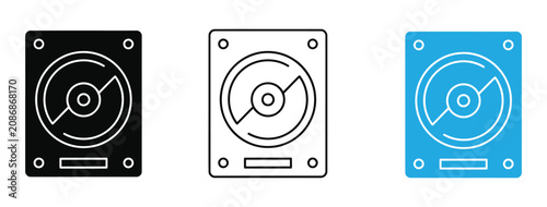 Hard drive icons and data transfer symbols vector illustration. Three colored hard drive icons in black white and blue on white background.