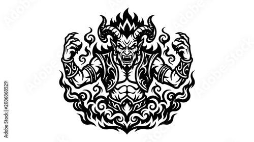 Tablou pe pânză Fierce Demon Monster with Horns and Flames Illustration