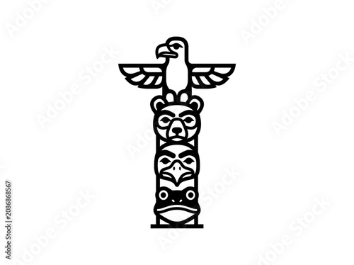 Indigenous Totem Pole Icon: Eagle, Bear, Raven, Frog - Vector Art