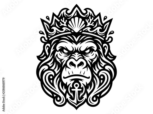 Konstfotografi Gorilla King Crowned with Shell and Anchor Emblem