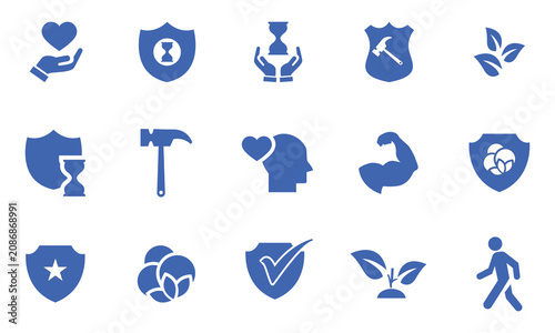 Durability Icon Set – Shield Protection, Strength, Long Lasting Quality, Resistance, Reliability, Industrial Safety Vector Icons Collection