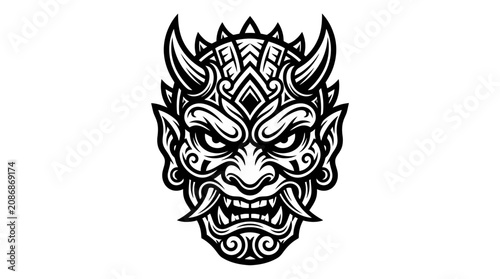 Bild auf Leinwand Japanese Oni Mask Tattoo Design - Black and White Vector Illustration