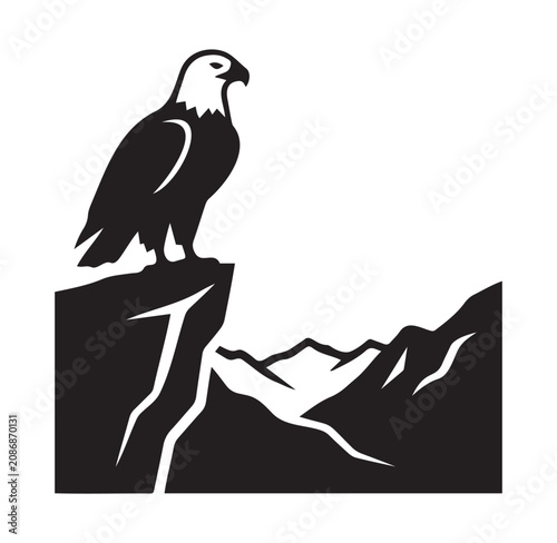 Majestic eagle perched on cliff mountain landscape silhouette vector on white background