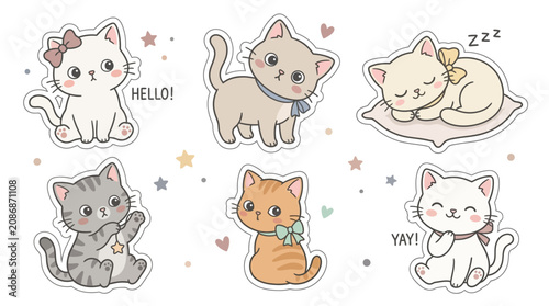 Set of six adorable kawaii cat stickers featuring various expressions and poses in a charming flat illustration style isolated on a plain white background