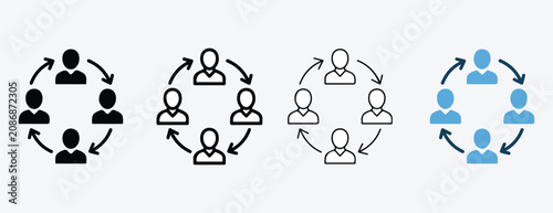 people icons in circular communication flowcharts with arrows  teamwork and social interaction concepts  business and social media symbols