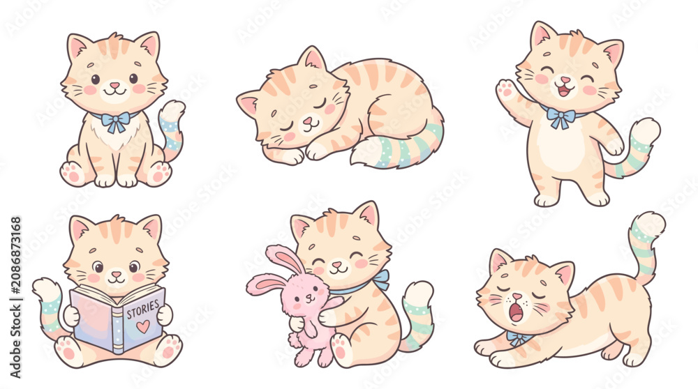 Fototapeta premium Adorable kawaii kitten character set featuring six different playful poses and activities in a soft pastel artistic style for childrens storybook design