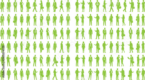 Vector illustration of green silhouettes of people in grid layout representing teamwork, networking, and corporate community engagement