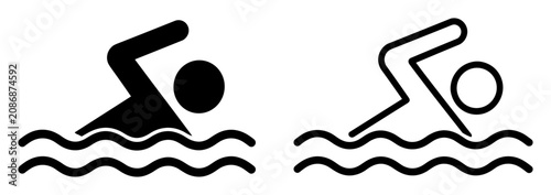 Cuadro en lienzo Black and white swimming icons with swimmer silhouette and outline in water wave