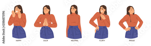 Female personage expressing feelings, isolated gesturing woman. Vector in flat style with facial expression. Calm and happy, positive and cheerful, neutral and flirty. Proud or boastful personage