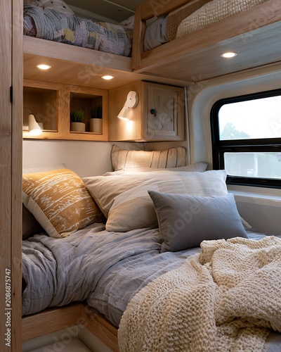 Cozy camper interior with warm lighting, comfortable bedding, and natural wood accents for relaxation