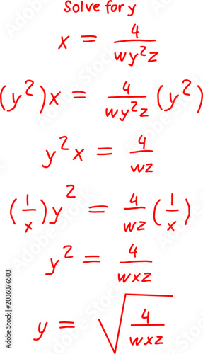 Cuadro en lienzo Step-by-step algebra solution solving for y from a variable equation, featuring clear mathematical notation in red on a clean white background