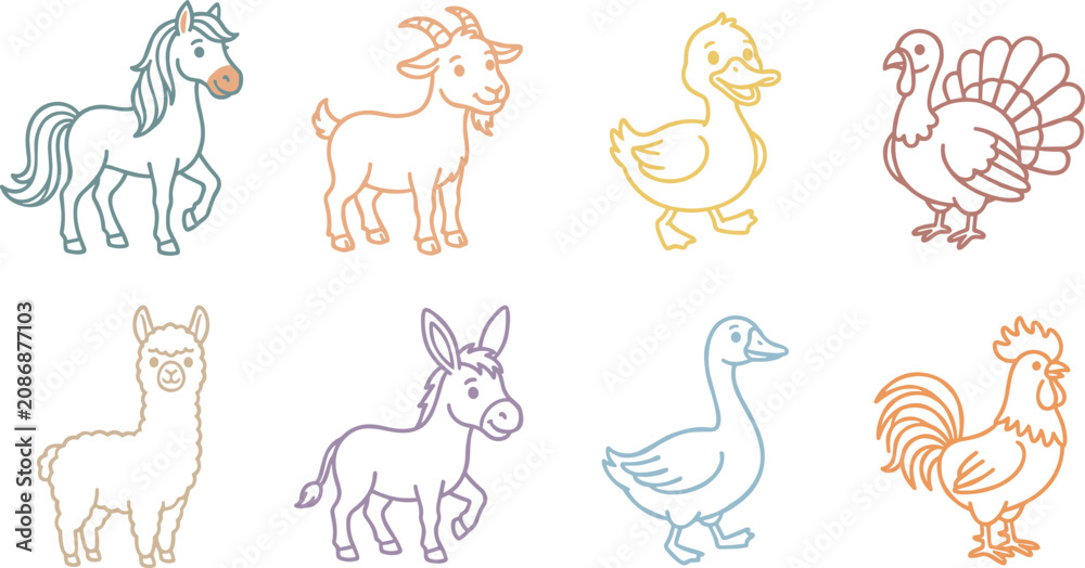 Fototapeta premium Collection of Farm Animal Illustrations Featuring Horse, Goat, Duck, Turkey, and More